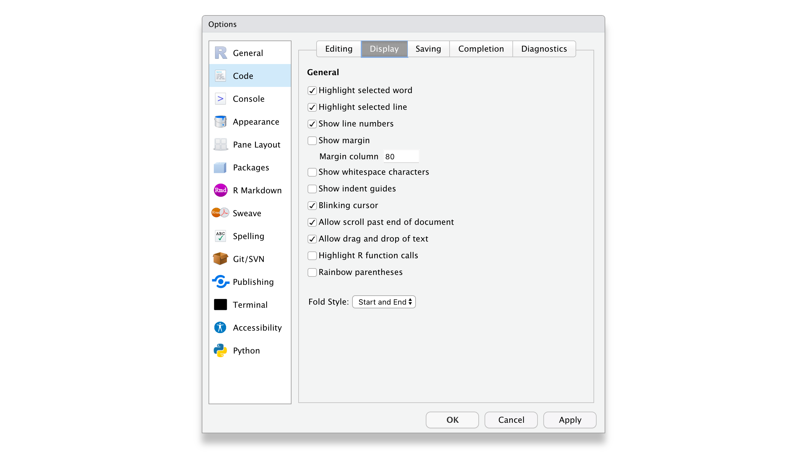 Edit your RStudio display preferences